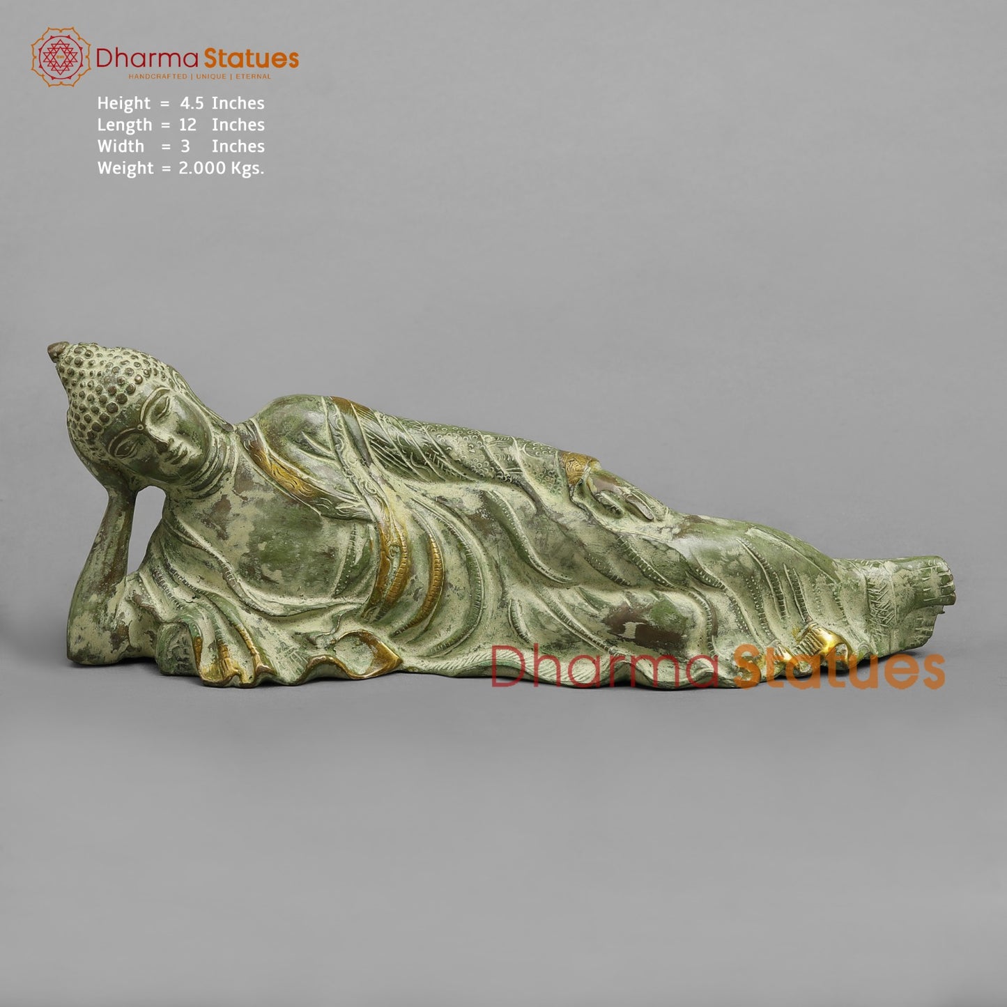 Brass Buddha Resting Fine, Leaf Green Patina 12”