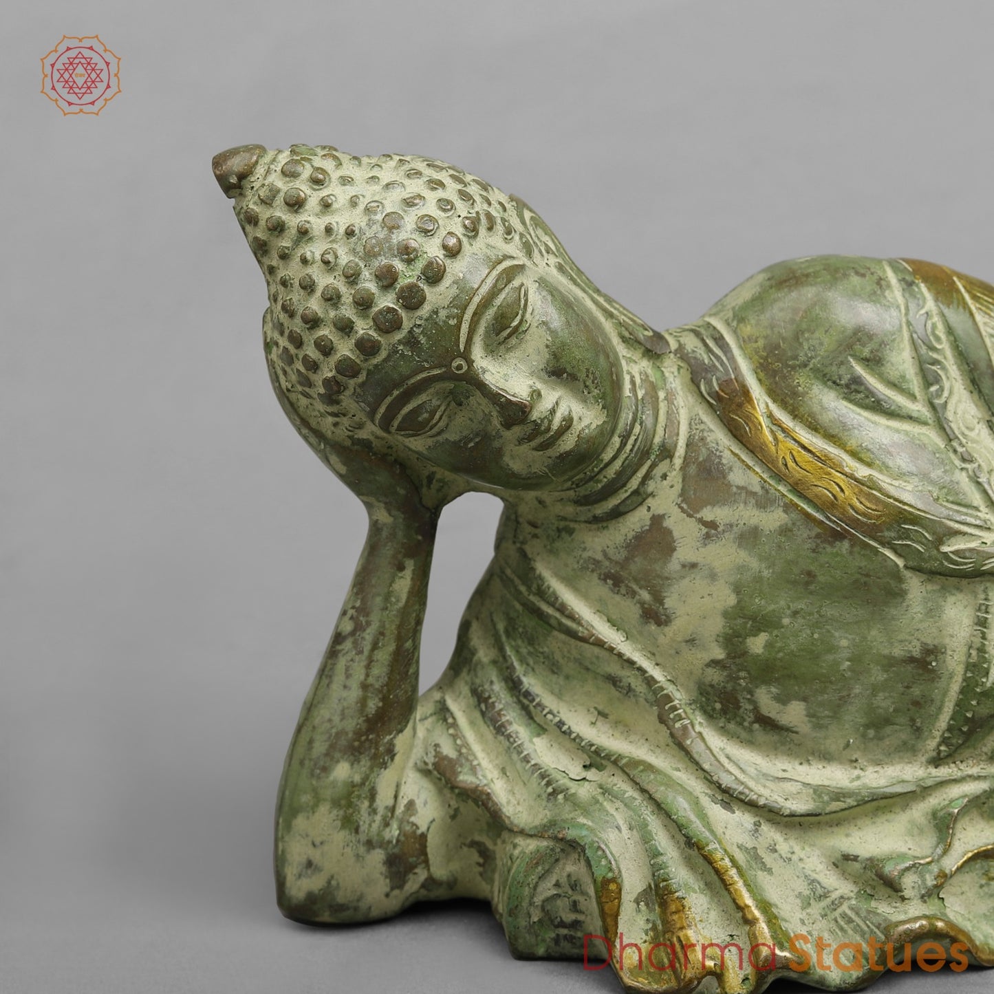 Brass Buddha Resting Fine, Leaf Green Patina 12”