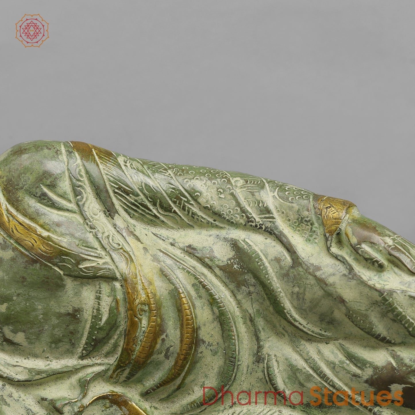 Brass Buddha Resting Fine, Leaf Green Patina 12”
