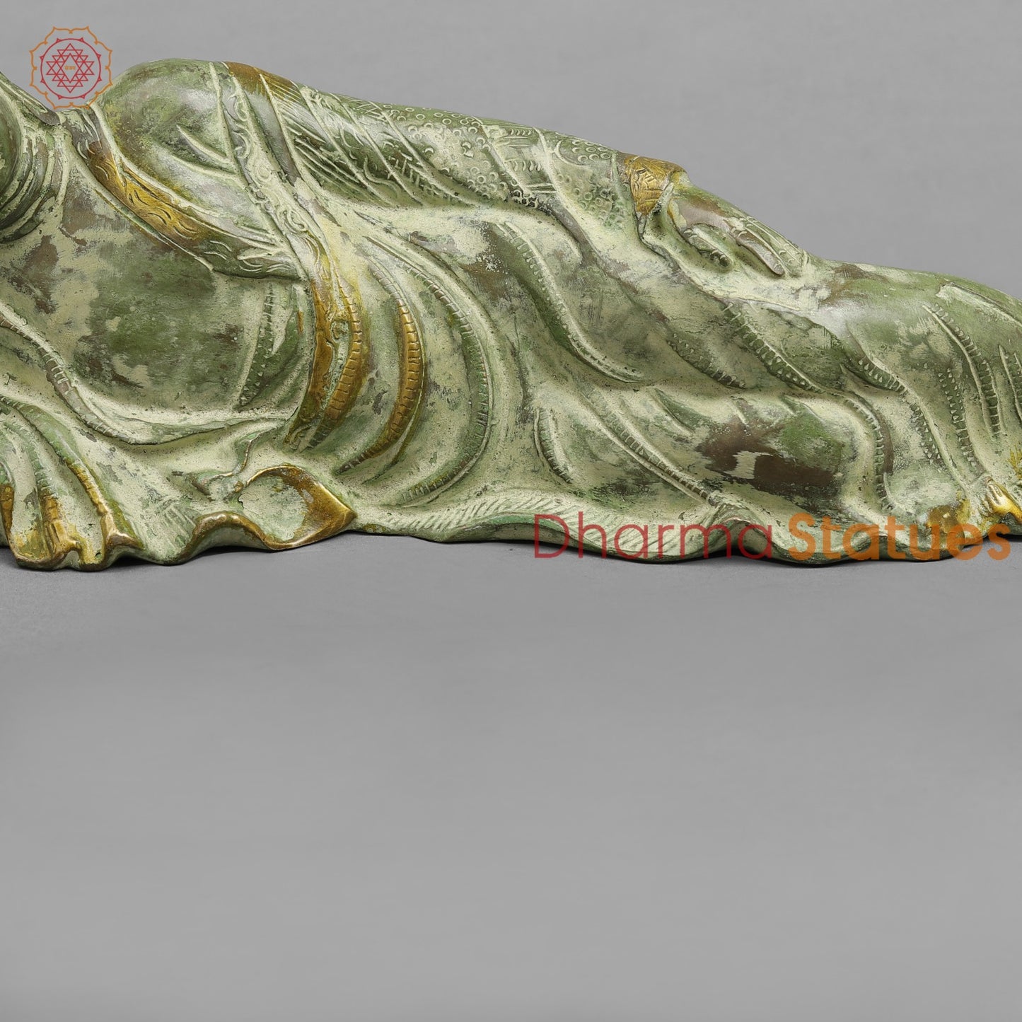Brass Buddha Resting Fine, Leaf Green Patina 12”