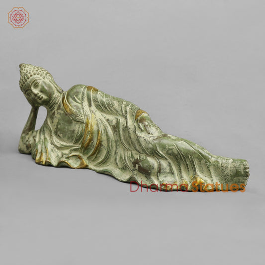 Brass Buddha Resting Fine, Leaf Green Patina 12”