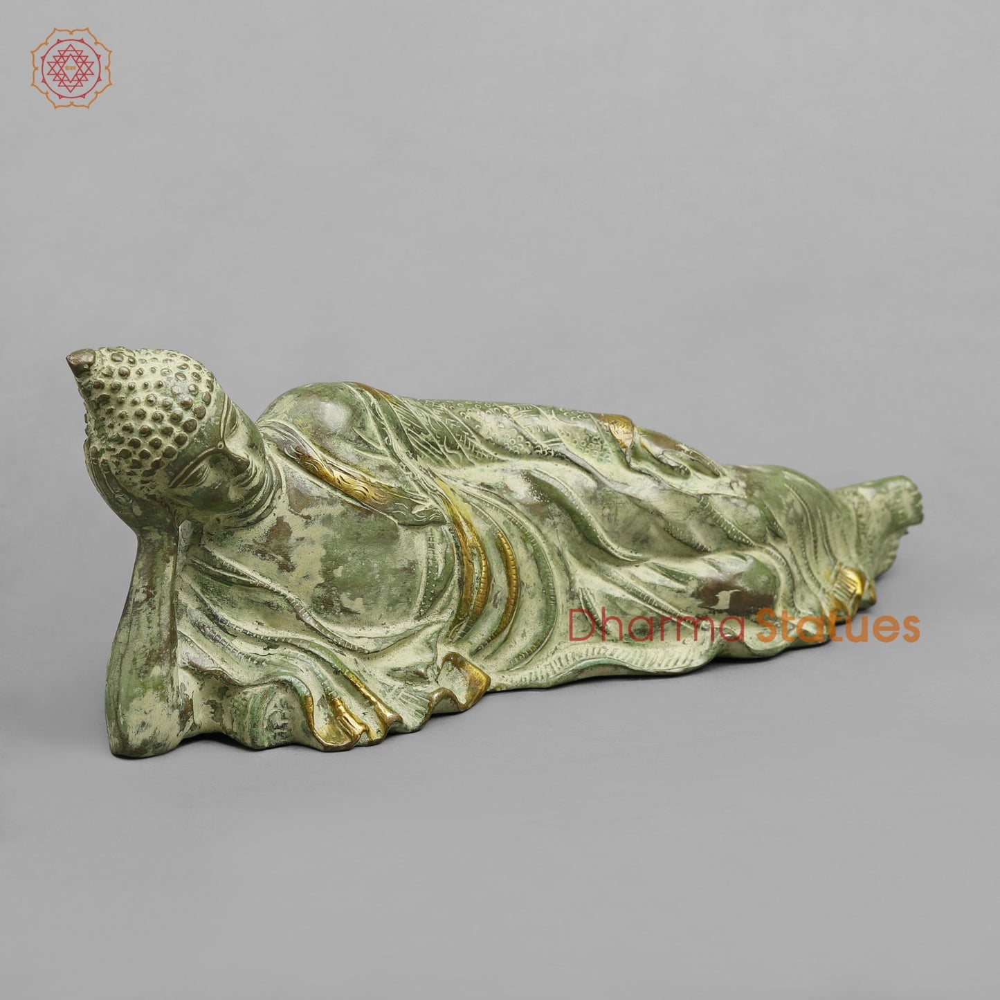 Brass Buddha Resting Fine, Leaf Green Patina 12”