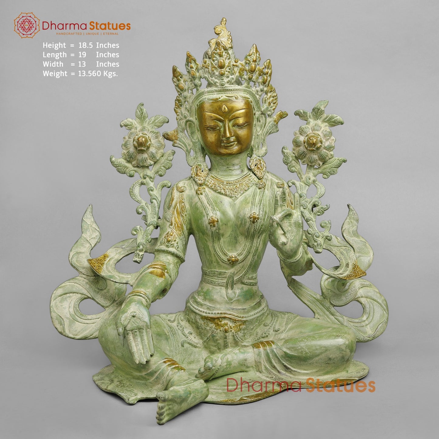 Brass Green Tara Seated with Flowers, Leaf green Patina 18.5”