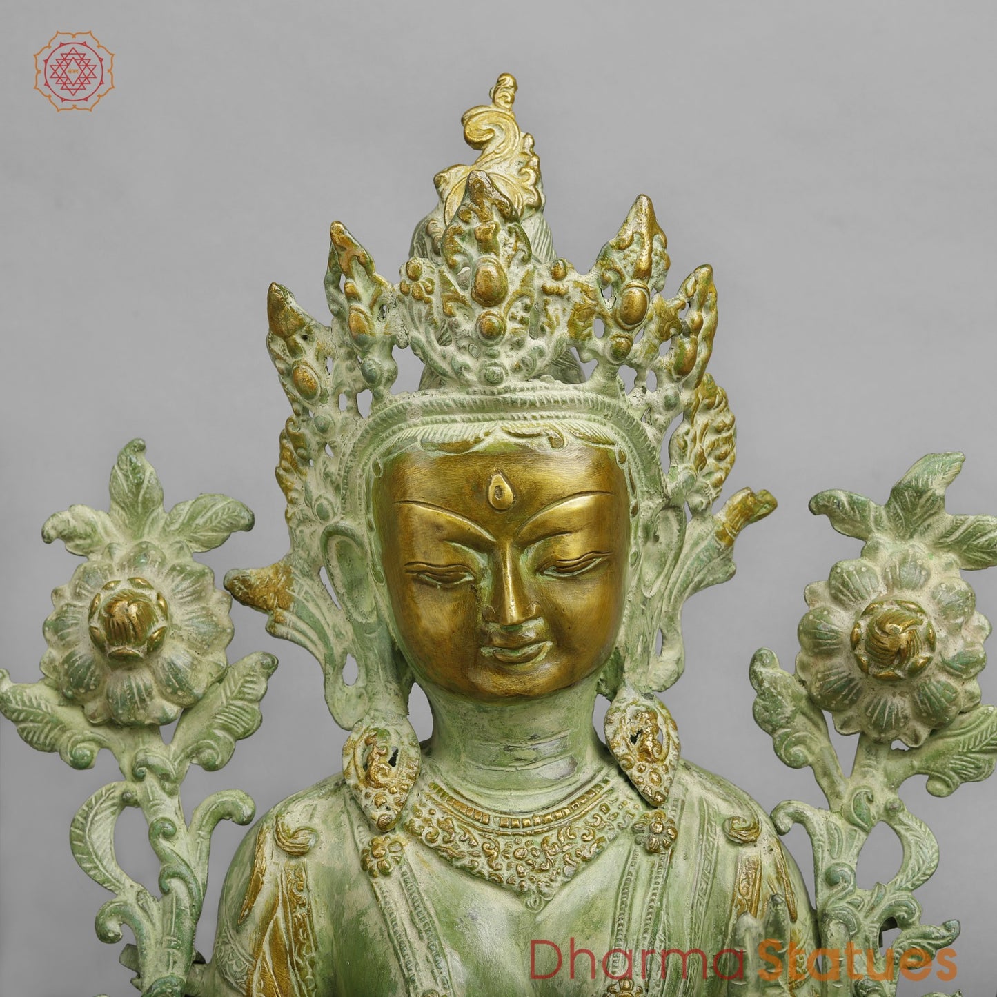 Brass Green Tara Seated with Flowers, Leaf green Patina 18.5”