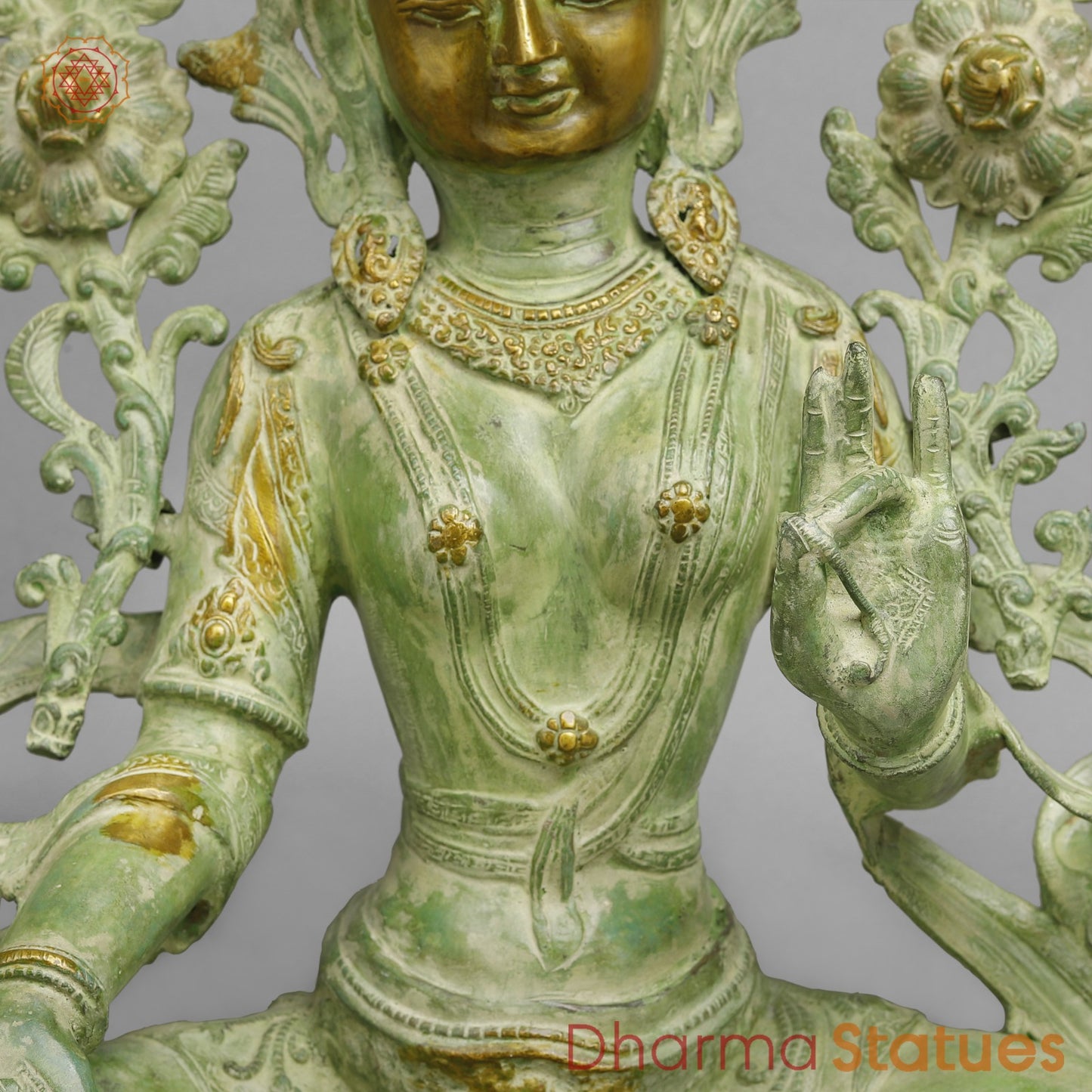 Brass Green Tara Seated with Flowers, Leaf green Patina 18.5”