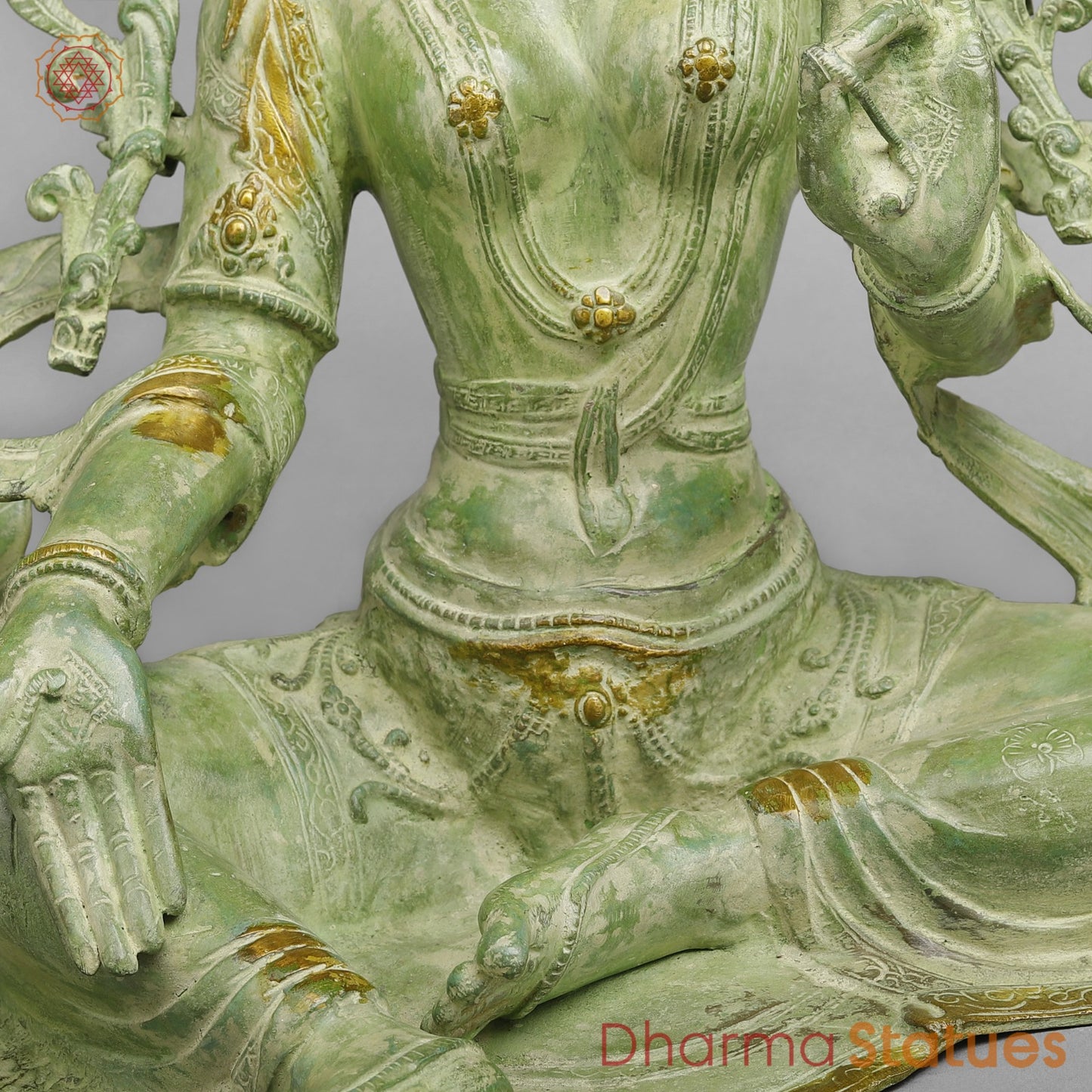 Brass Green Tara Seated with Flowers, Leaf green Patina 18.5”