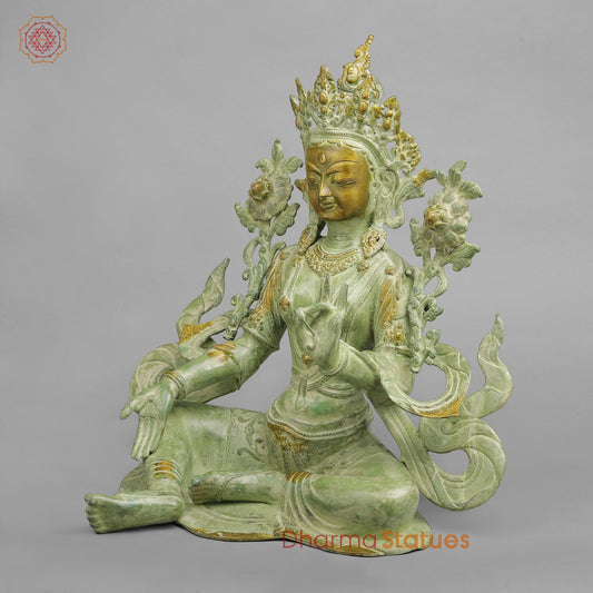 Brass Green Tara Seated with Flowers, Leaf green Patina 18.5”