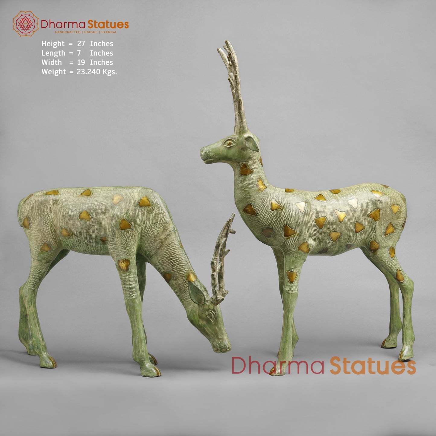 Brass Deer standing, Leaf Green Patina Finish 27”