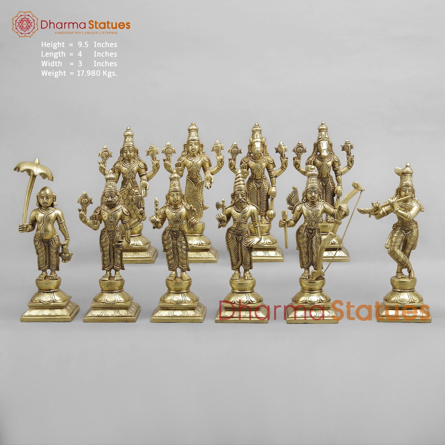 Brass Dasavtar standing Fine, Golden Finish 9.5”