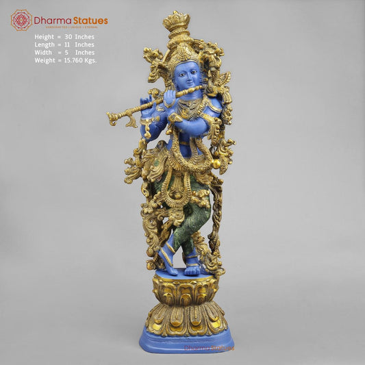 Brass Krishna standing Fine, Peacock Finish 30”