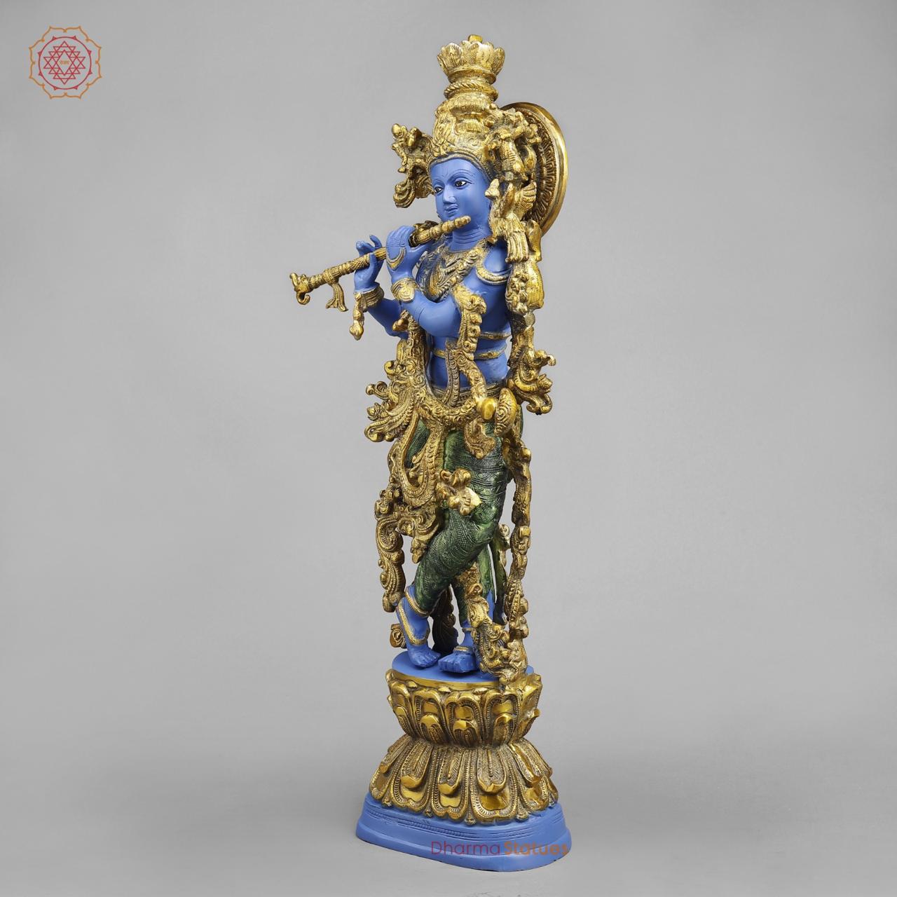 Brass Krishna standing Fine, Peacock Finish 30”