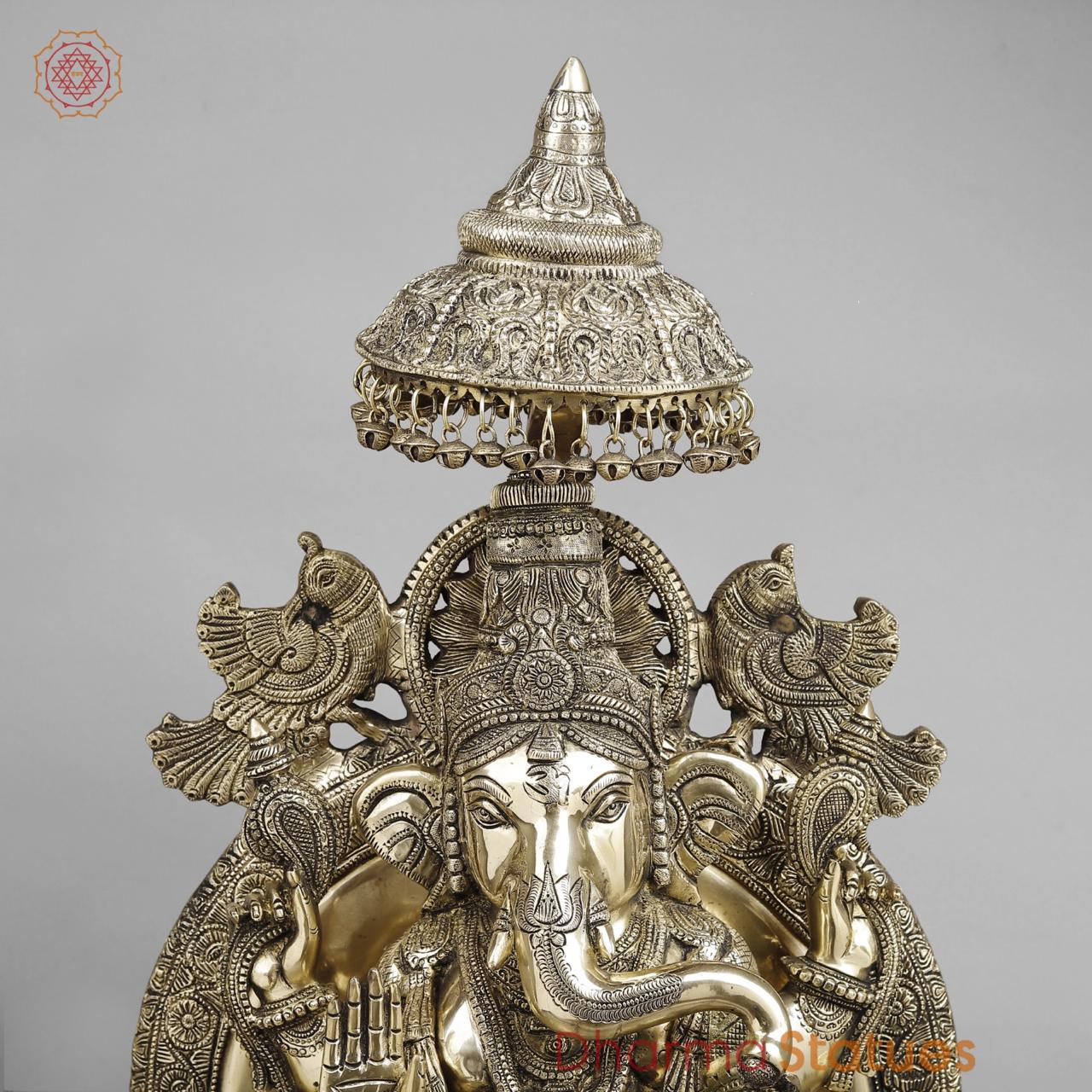 Brass Ganesh Seated On Throne, Glossy Finish 34”