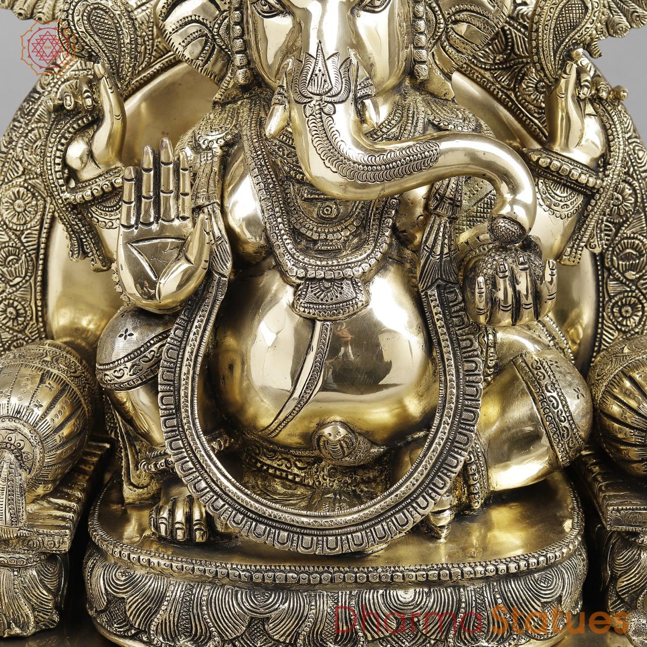 Brass Ganesh Seated On Throne, Glossy Finish 34”