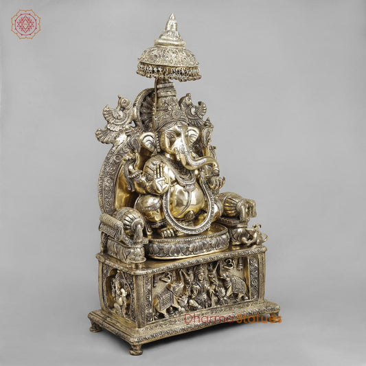 Brass Ganesh Seated On Throne, Glossy Finish 34”