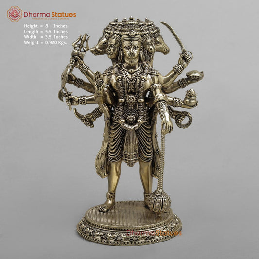 Brass Hanuman Standing Panchmukhi Fine Finish 8”