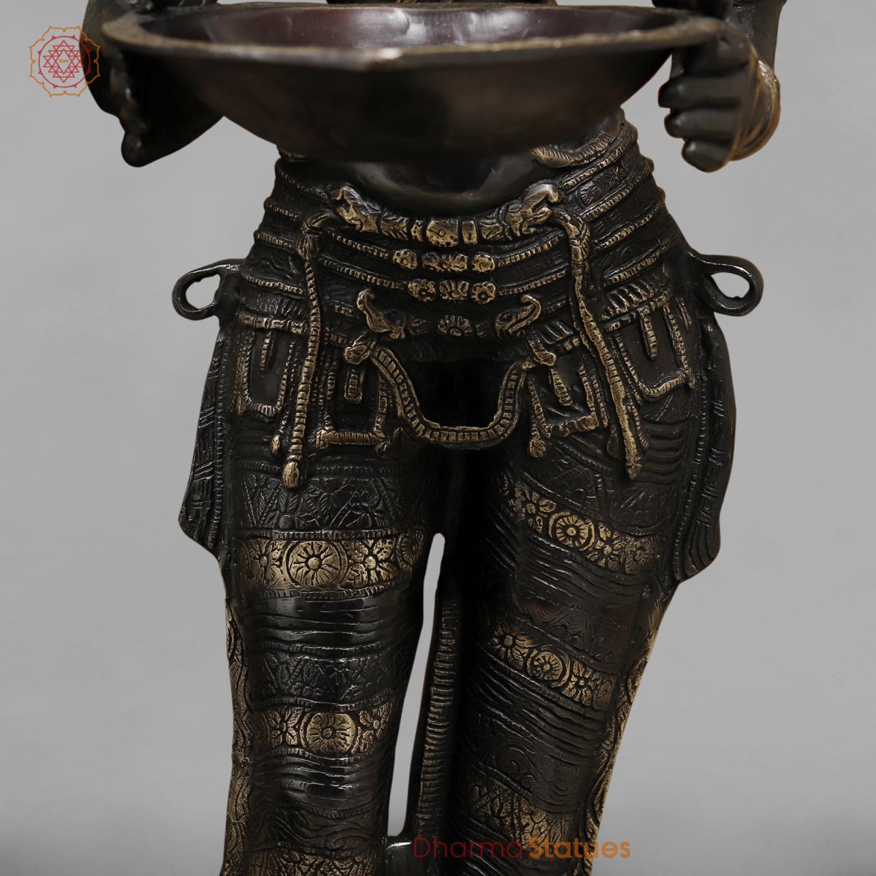 Brass Deepam Lakshmi Standing Large, Royal Black Finish 49”
