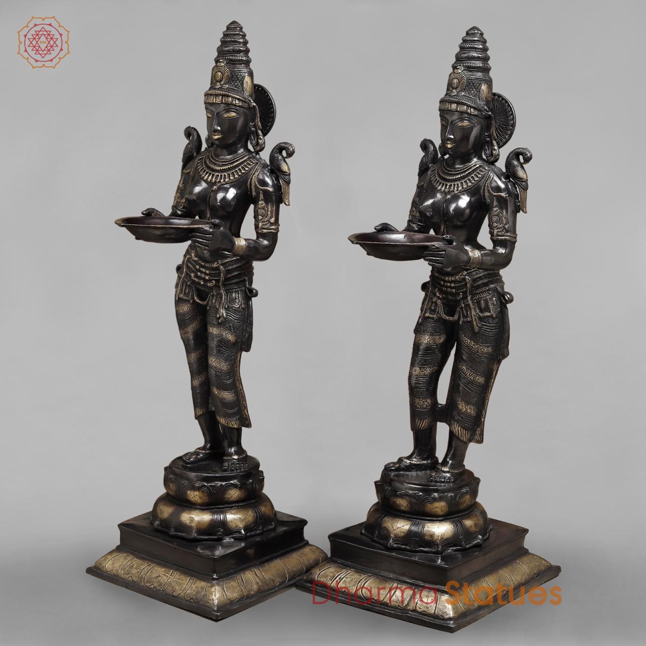 Brass Deepam Lakshmi Standing Large, Royal Black Finish 49”