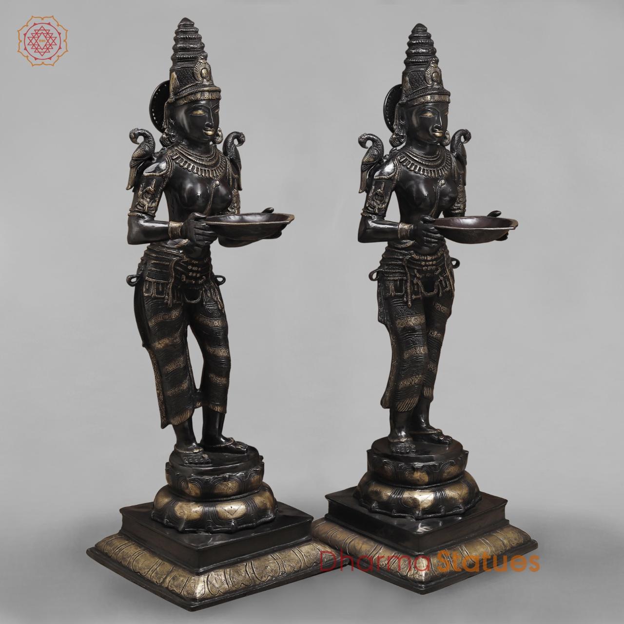 Brass Deepam Lakshmi Standing Large, Royal Black Finish 49”