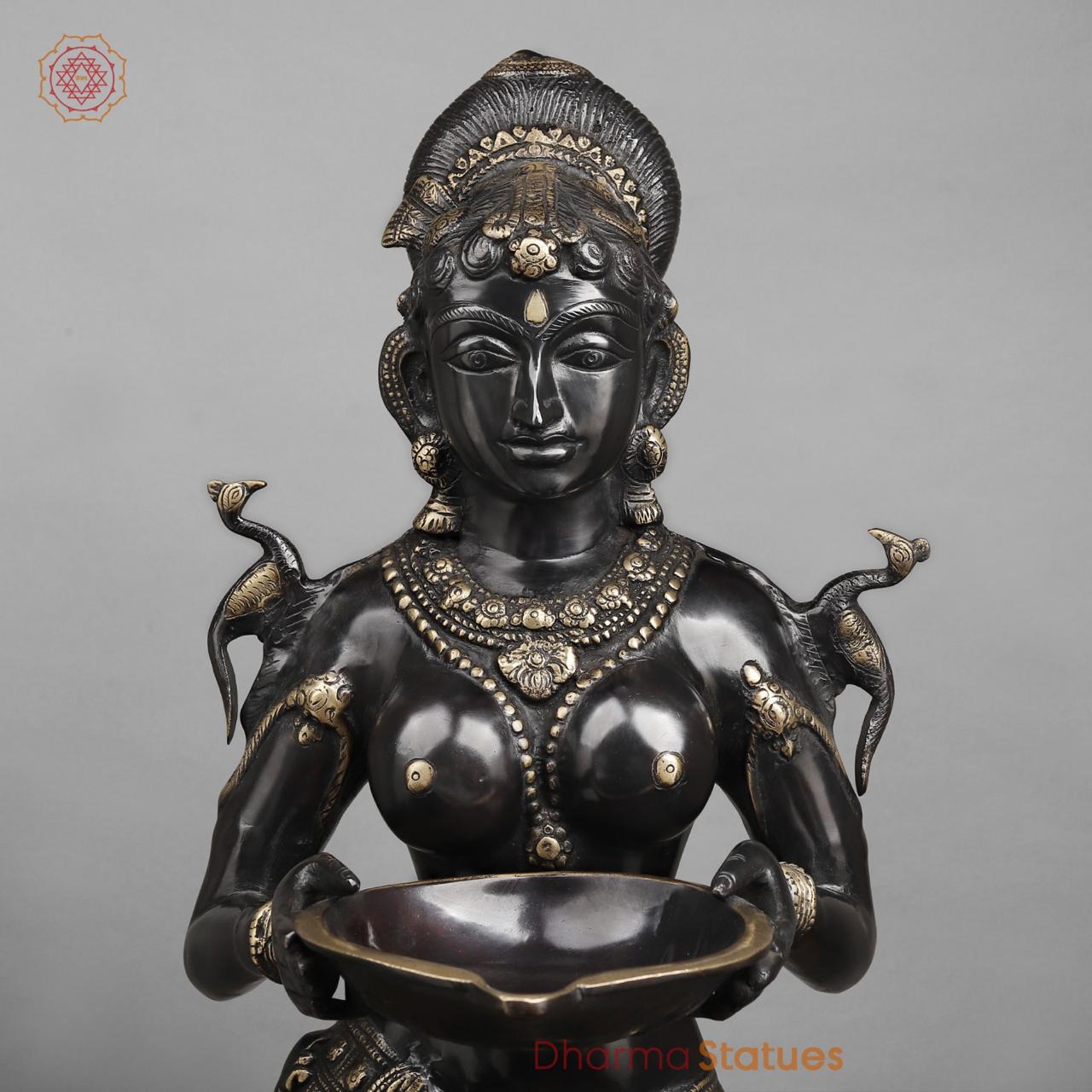 Brass Deepam Lakshmi Standing Large, Royal Black Finish 37”