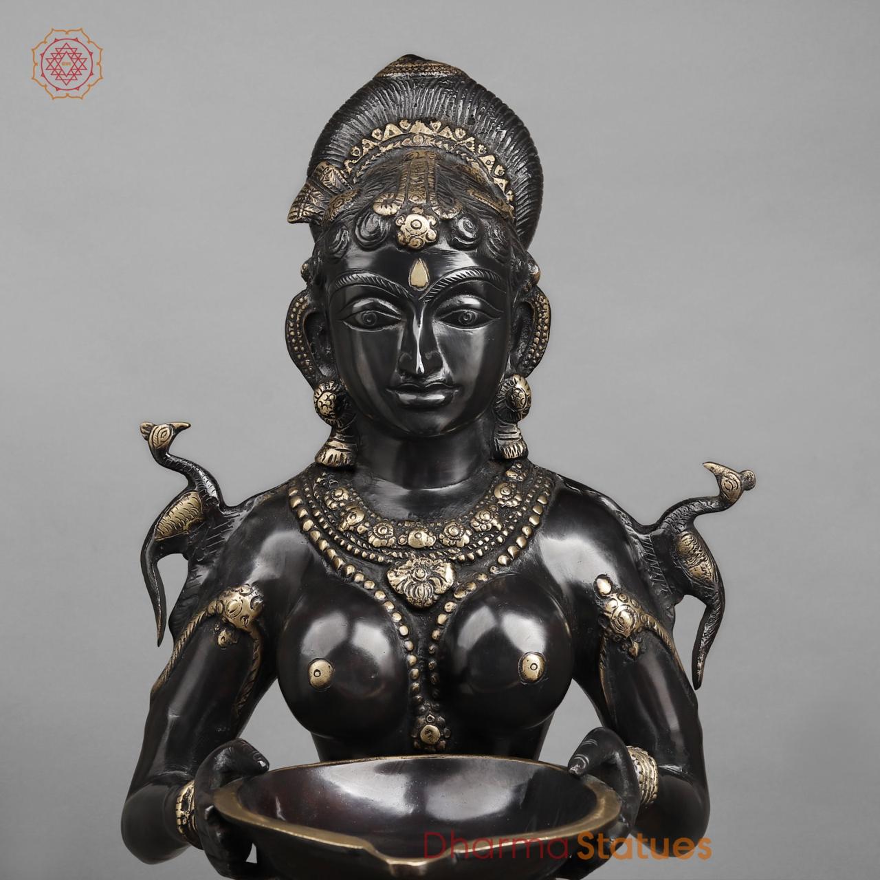 Brass Deepam Lakshmi Standing Large, Royal Black Finish 37”