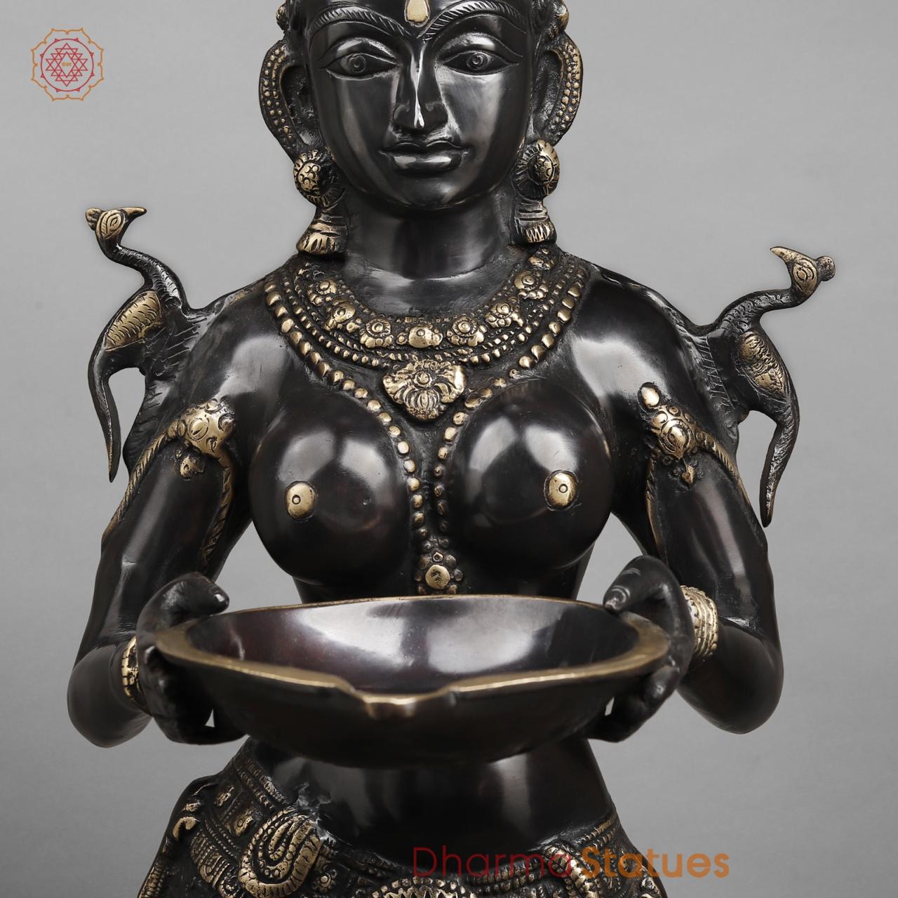 Brass Deepam Lakshmi Standing Large, Royal Black Finish 37”