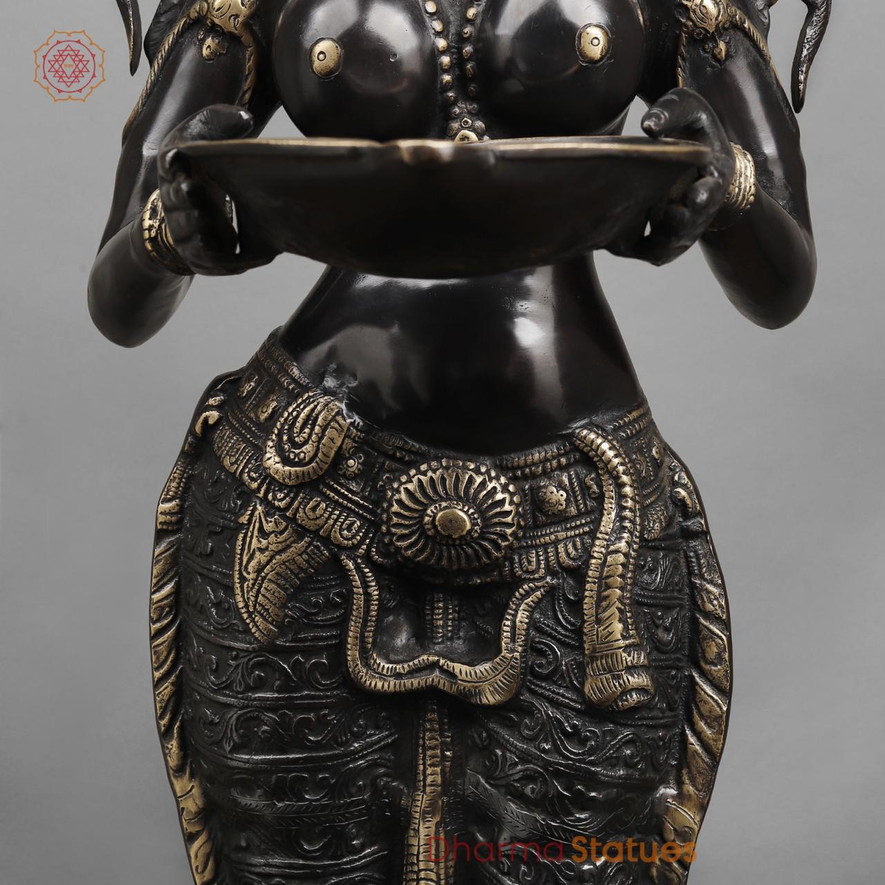 Brass Deepam Lakshmi Standing Large, Royal Black Finish 37”