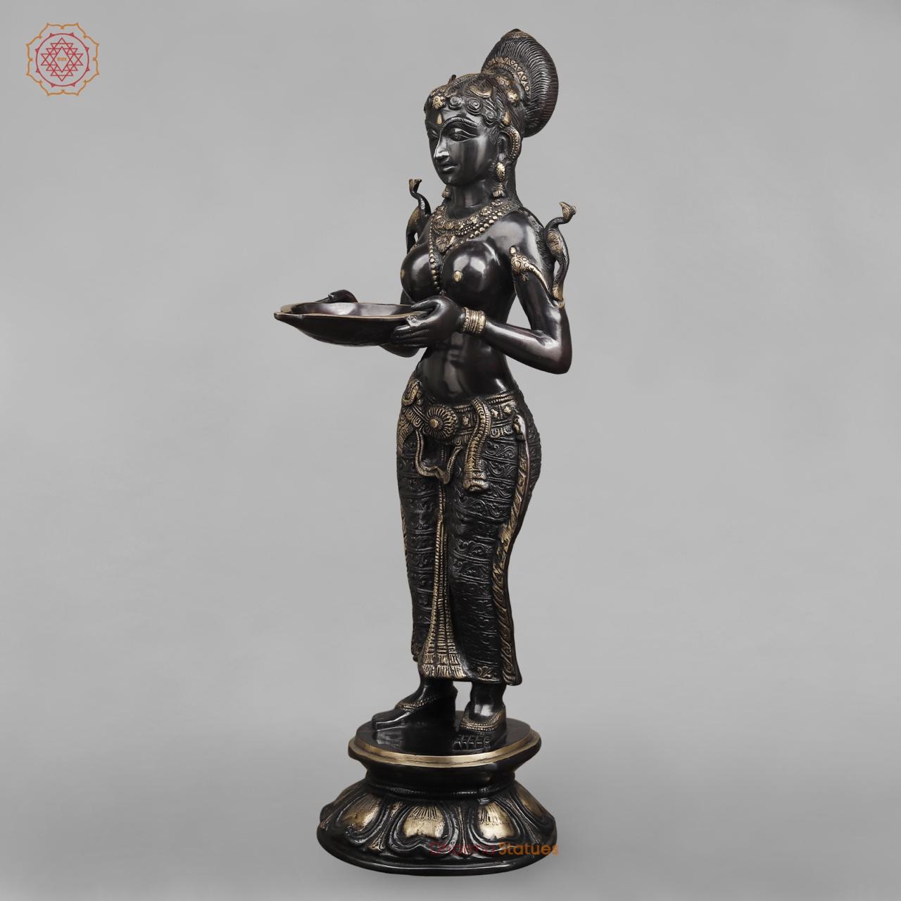 Brass Deepam Lakshmi Standing Large, Royal Black Finish 37”