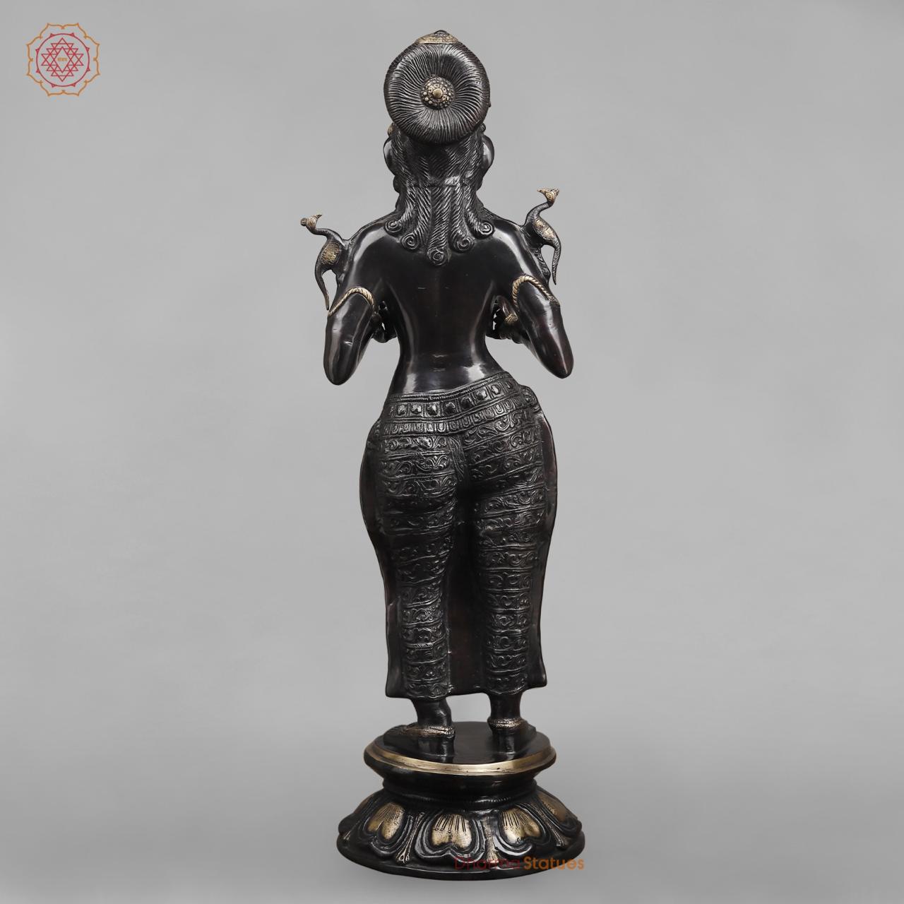Brass Deepam Lakshmi Standing Large, Royal Black Finish 37”
