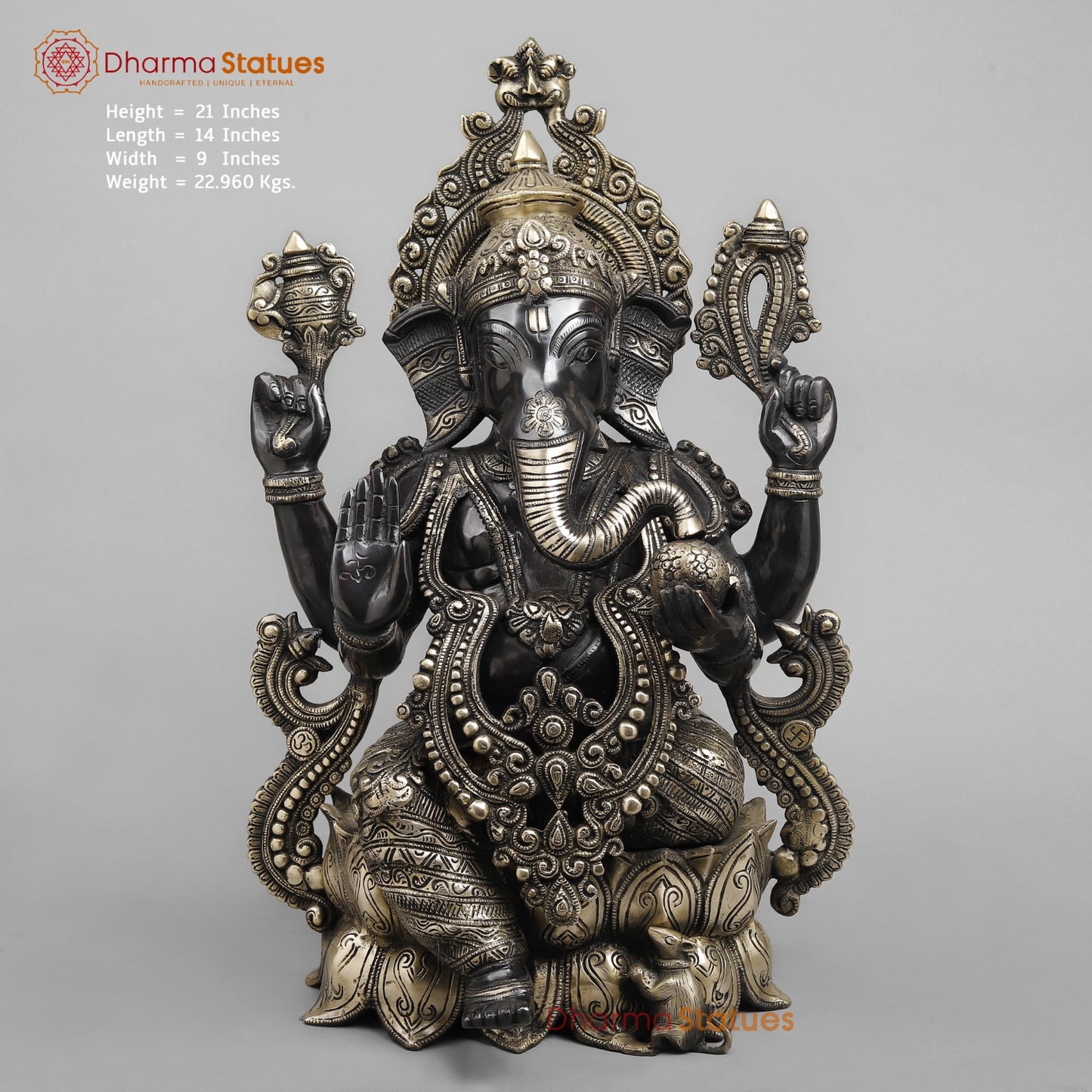 Brass Ganesh Seated On lotus, Royal Black finish 21”