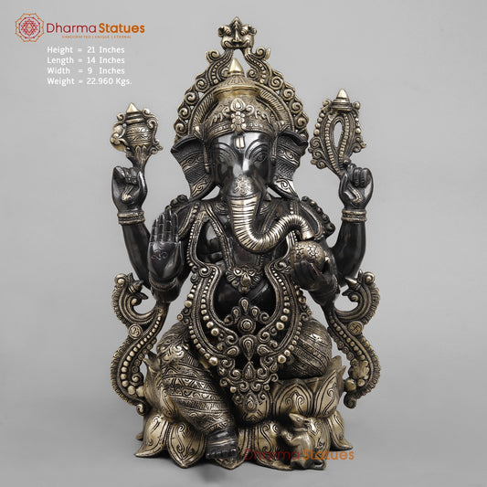 Brass Ganesh Seated On lotus, Royal Black finish 21”