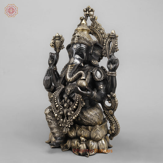 Brass Ganesh Seated On lotus, Royal Black finish 21”