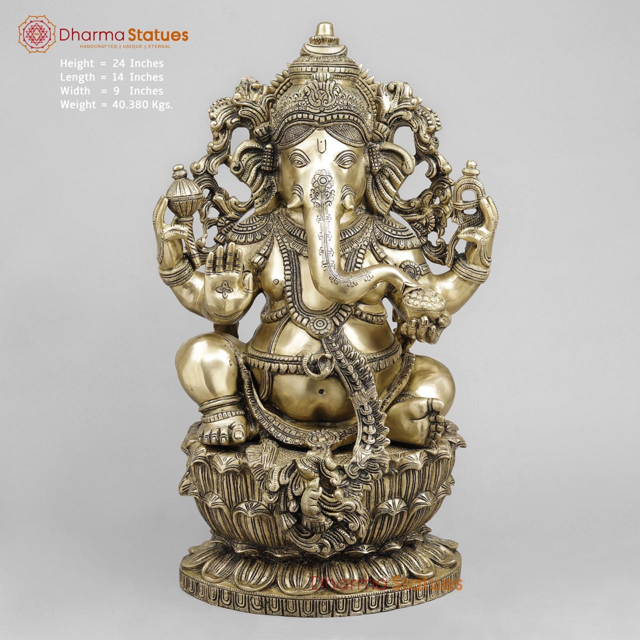 Brass Ganesh Seated with Beautiful ornaments, Smooth Finish 24”