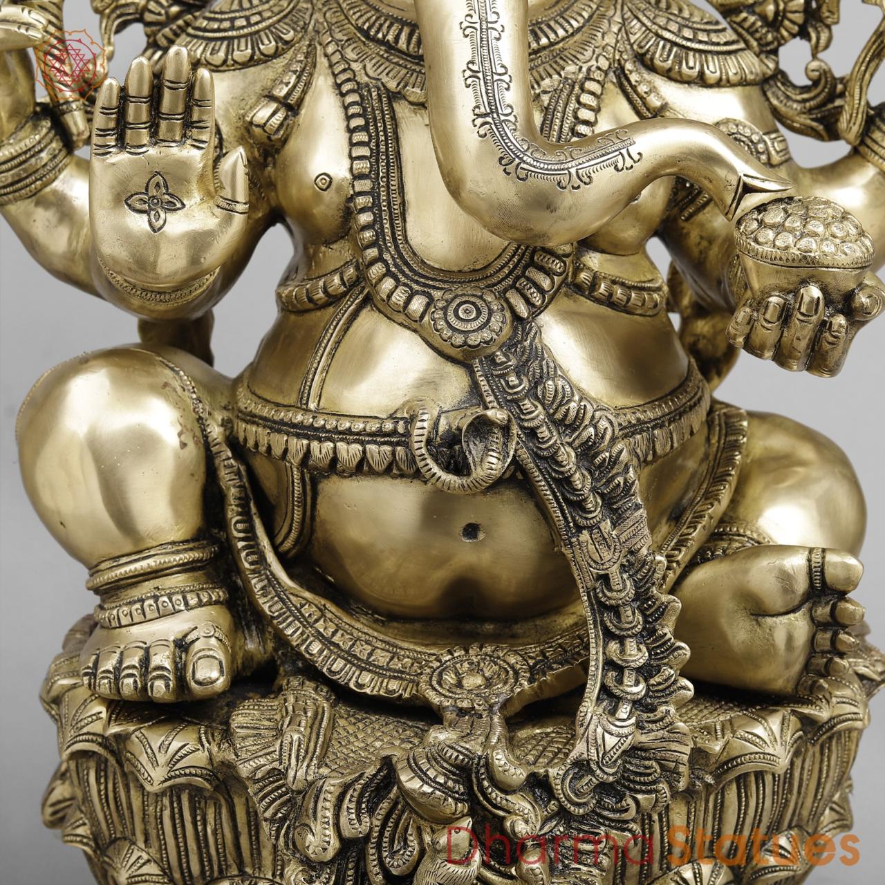 Brass Ganesh Seated with Beautiful ornaments, Smooth Finish 24”