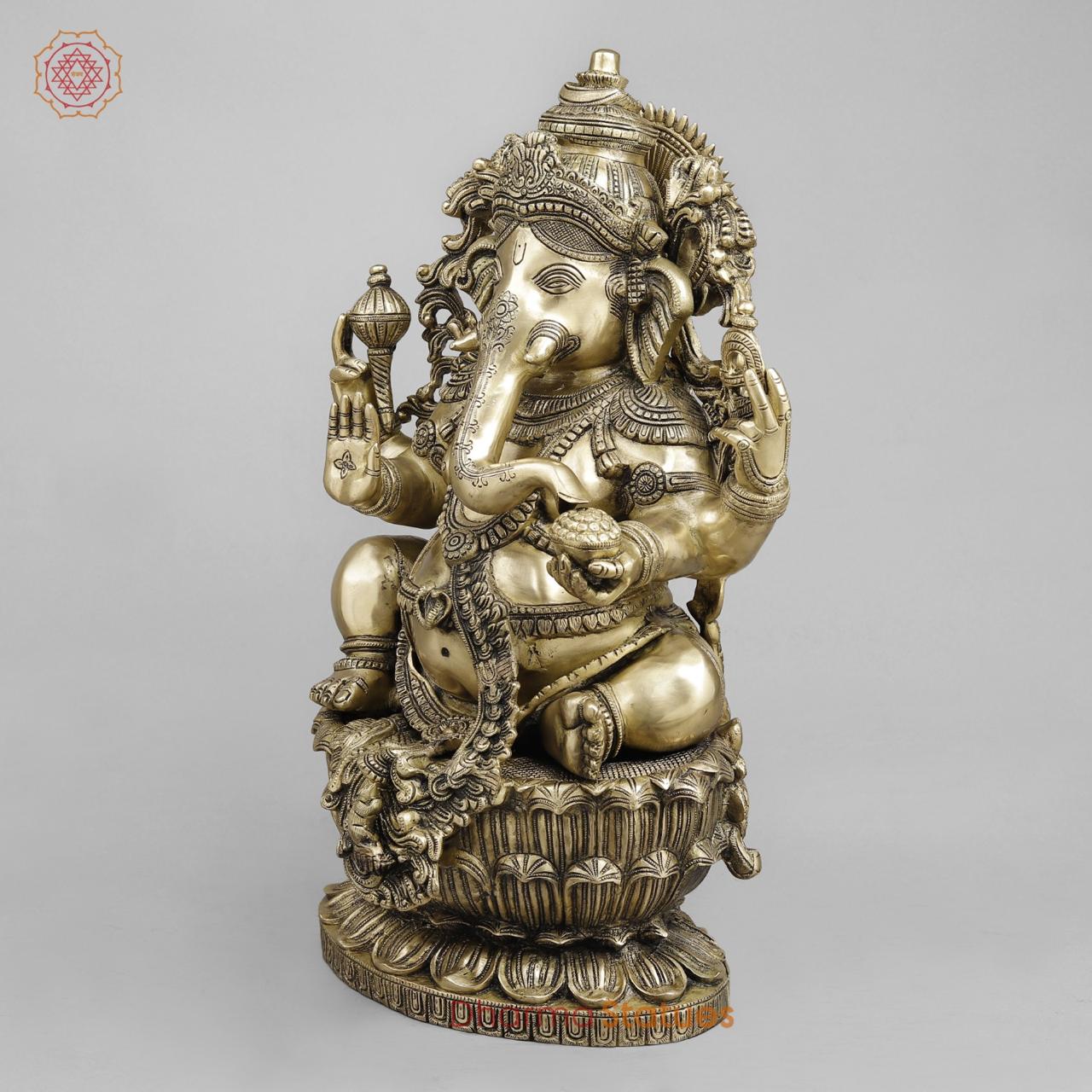 Brass Ganesh Seated with Beautiful ornaments, Smooth Finish 24”