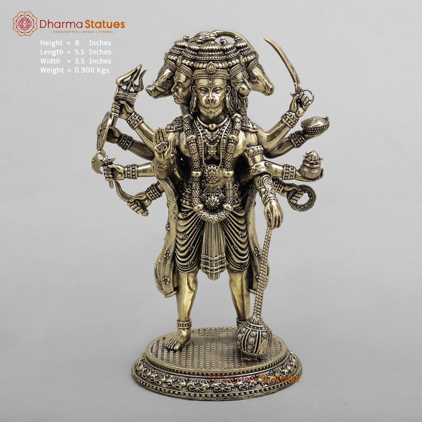 Brass Panchmukhi Hanuman Standing Fine 8”