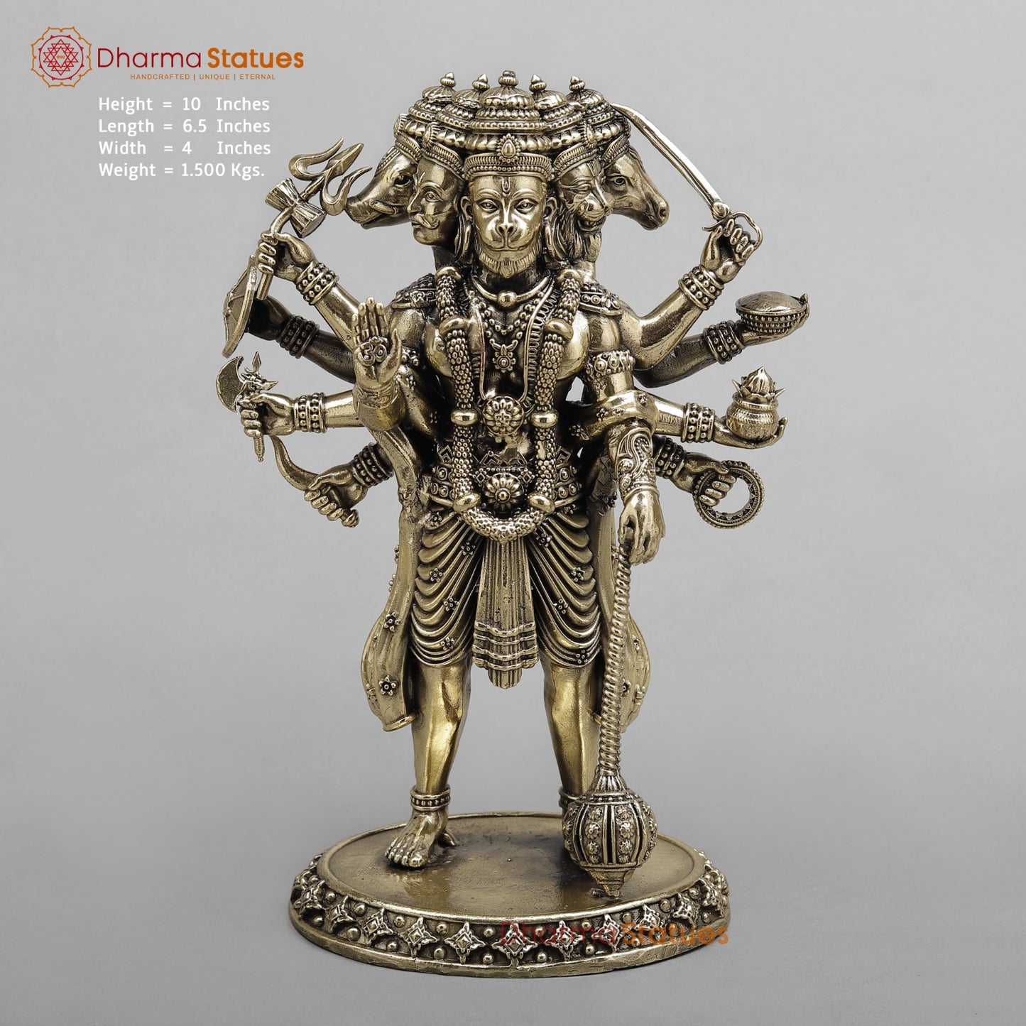 Brass Panchmukhi Hanuman Standing Fine 10”