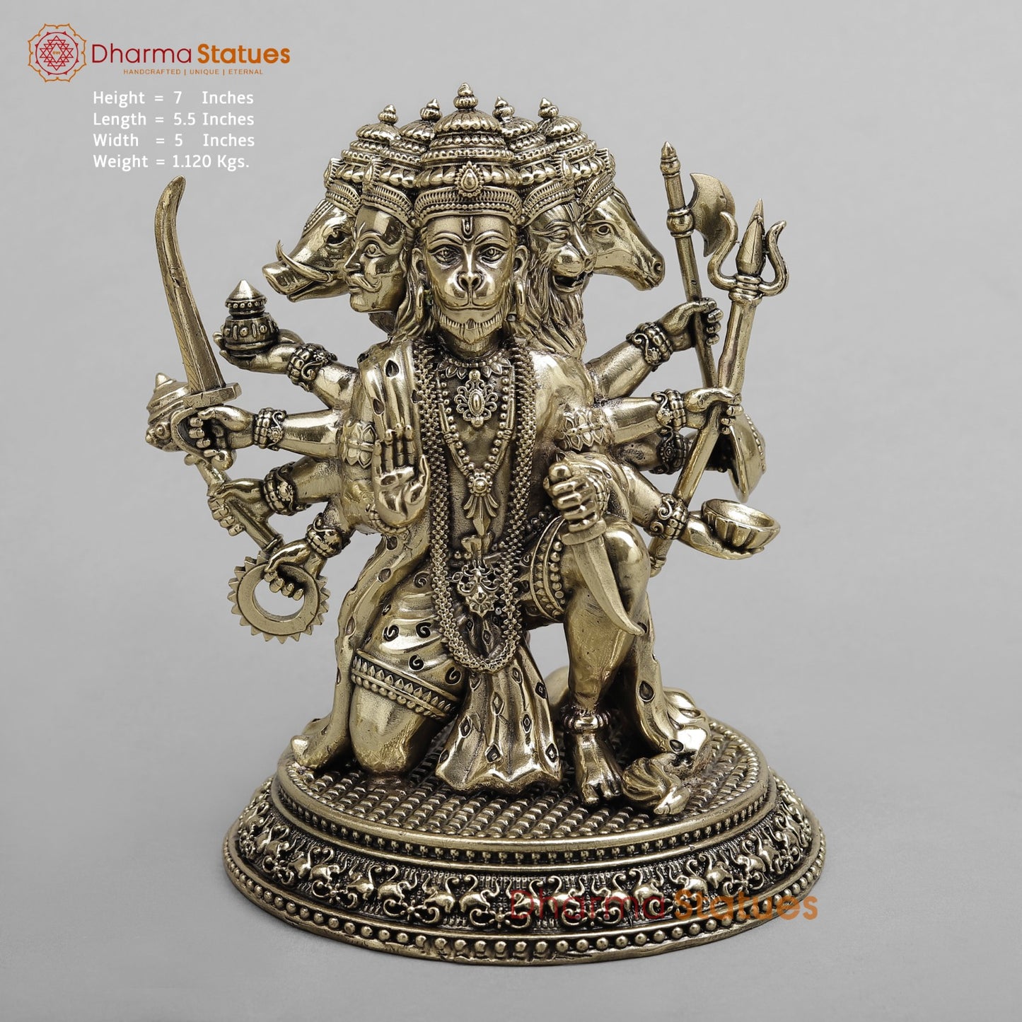 Brass Panchmukhi Hanuman Seated Fine 7”