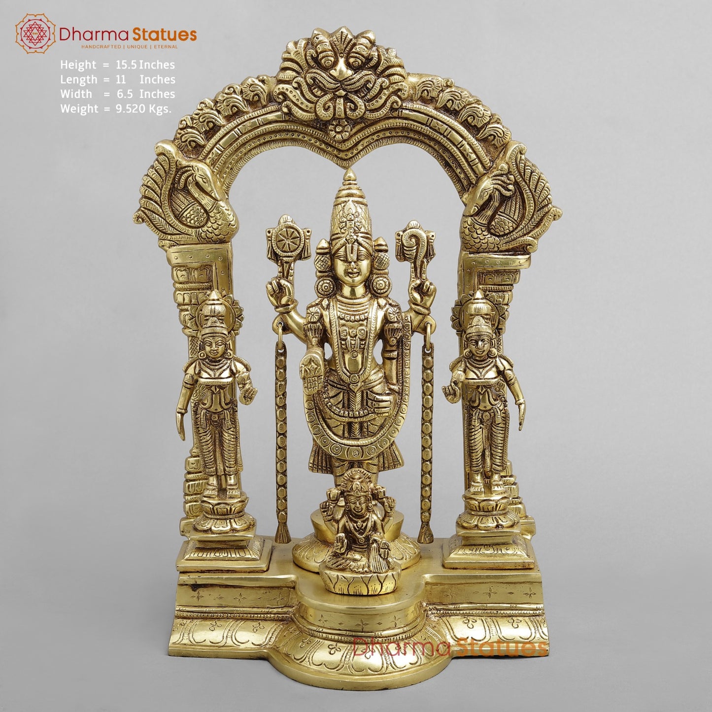 Brass Balaji, Sridevi, Bhudevi aling with Garuda, Gold Finish 15.5”