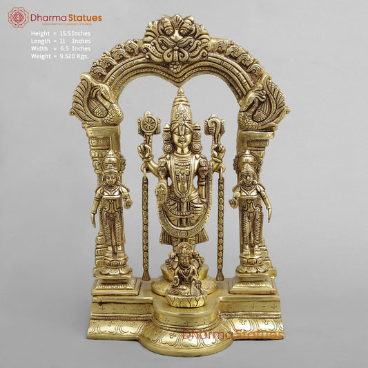 Brass Balaji, Sridevi, Bhudevi aling with Garuda, Gold Finish 15.5”