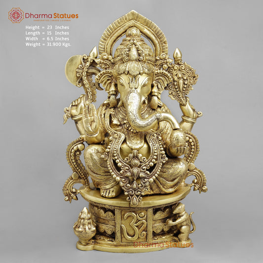 Brass Ganesh Seated with Om carved on Pedestal Fine, Gold Finish 23”