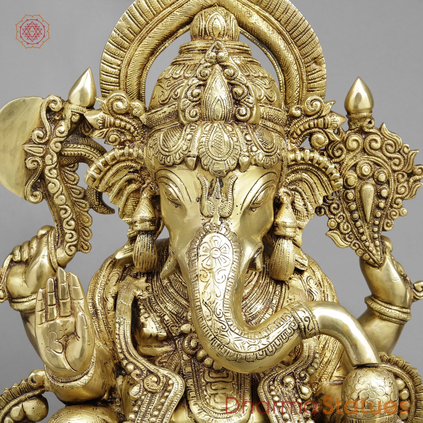 Brass Ganesh Seated with Om carved on Pedestal Fine, Gold Finish 23”