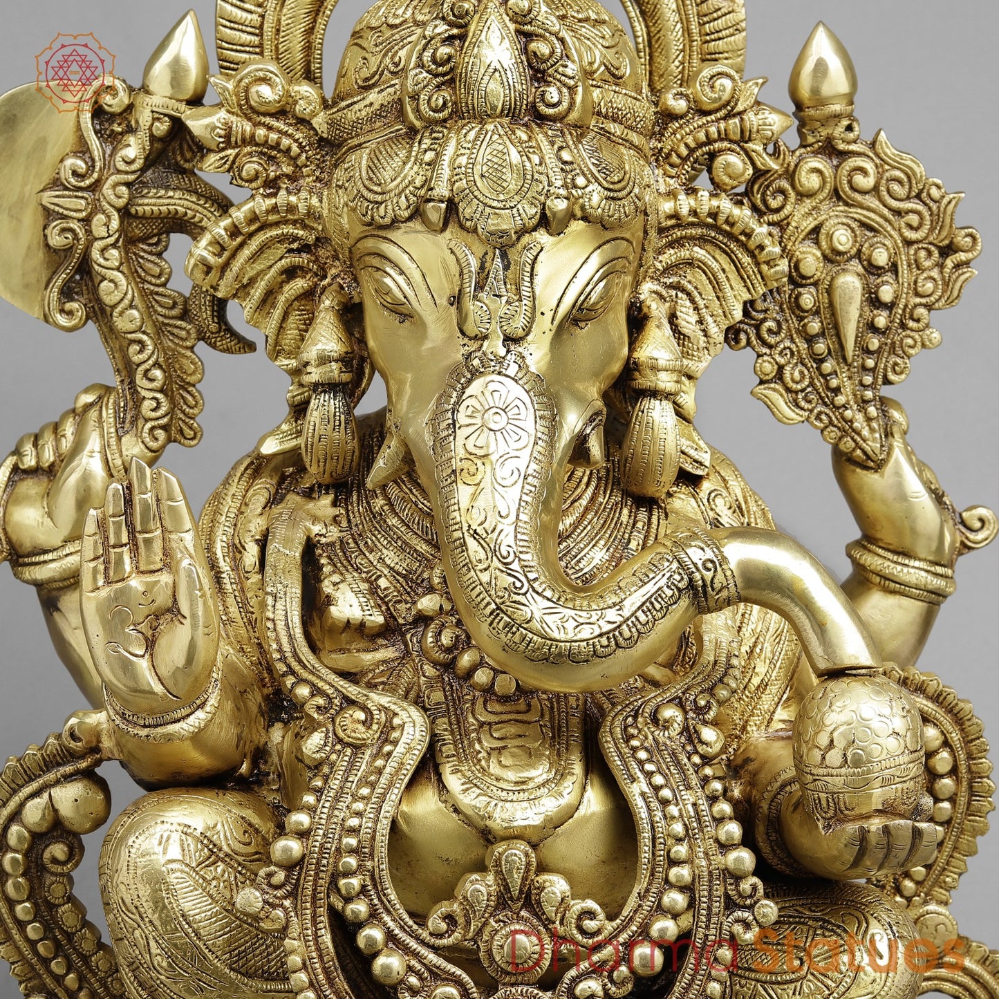 Brass Ganesh Seated with Om carved on Pedestal Fine, Gold Finish 23”