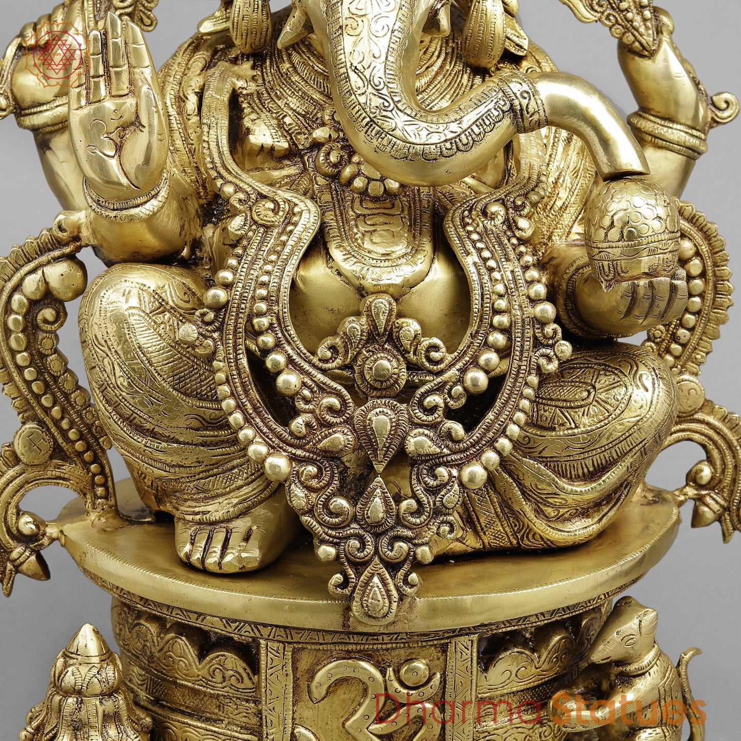 Brass Ganesh Seated with Om carved on Pedestal Fine, Gold Finish 23”