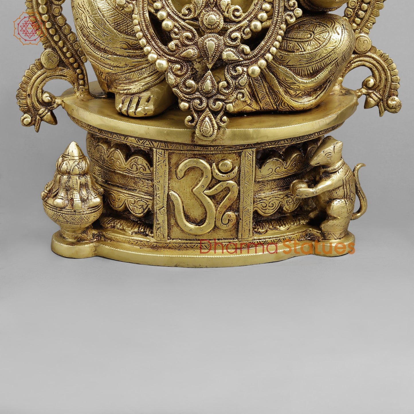 Brass Ganesh Seated with Om carved on Pedestal Fine, Gold Finish 23”