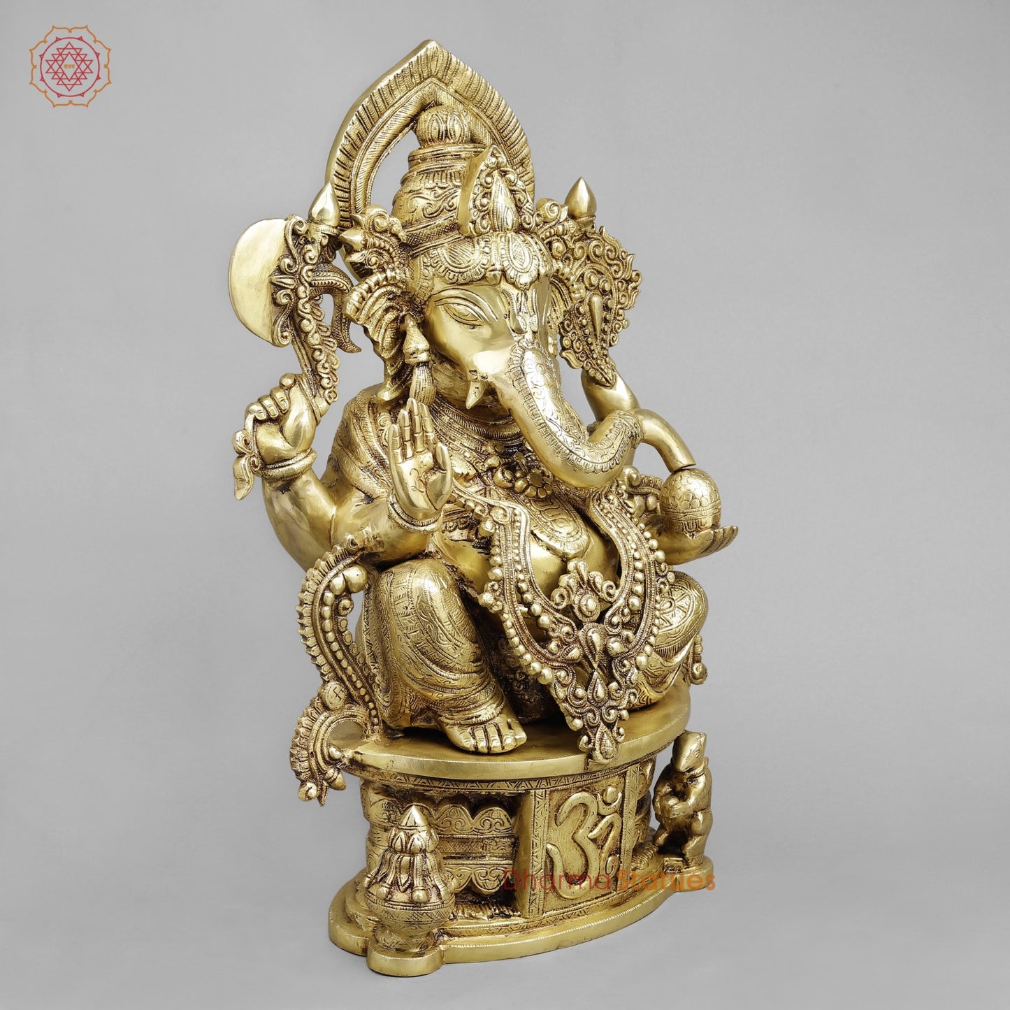 Brass Ganesh Seated with Om carved on Pedestal Fine, Gold Finish 23”