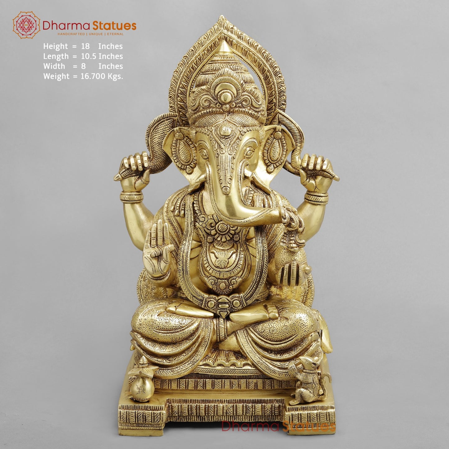 Brass Ganesh seated fine, Golden finish 18”