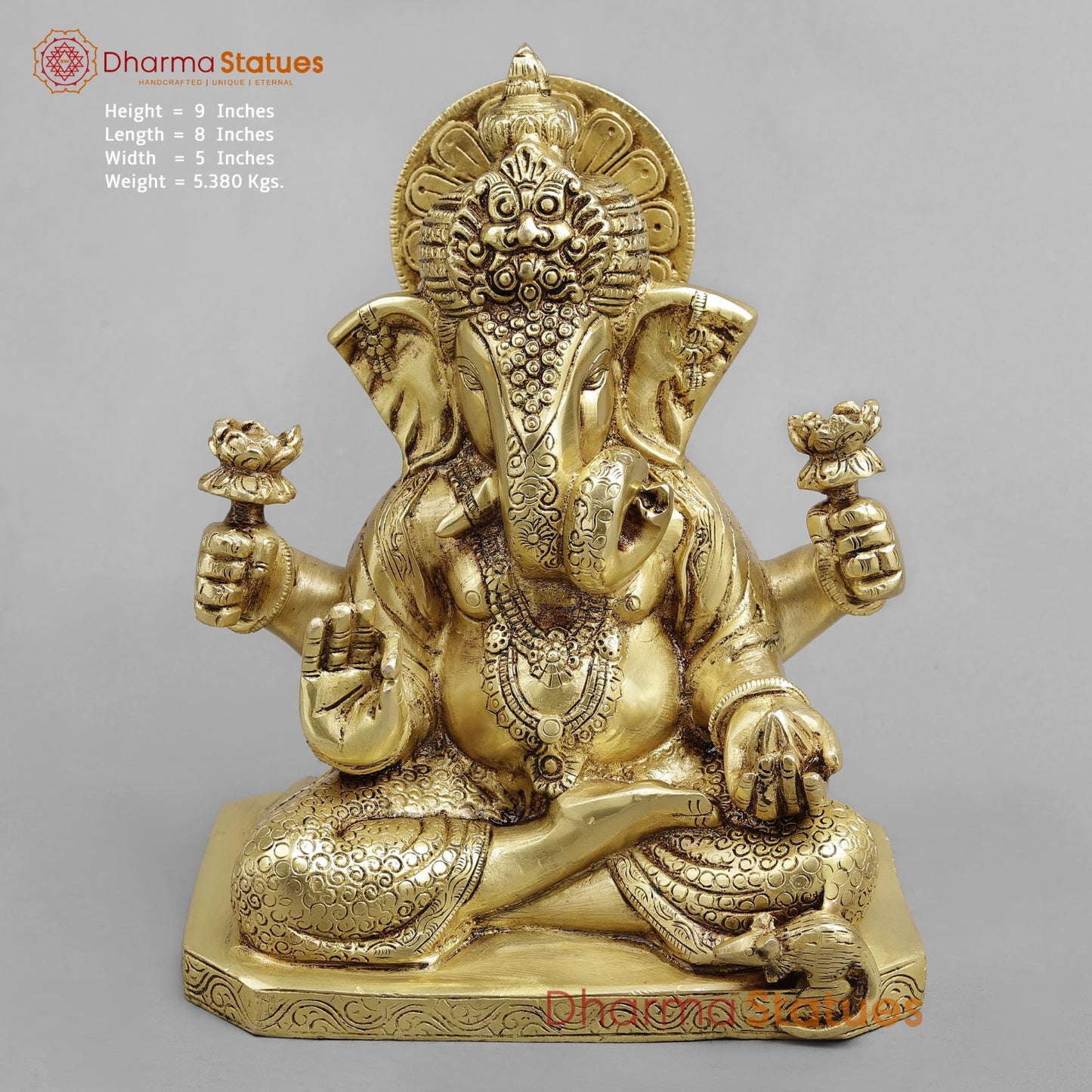 Brass Dagru Seth Ganesh Seated fine, Golden finish 9”