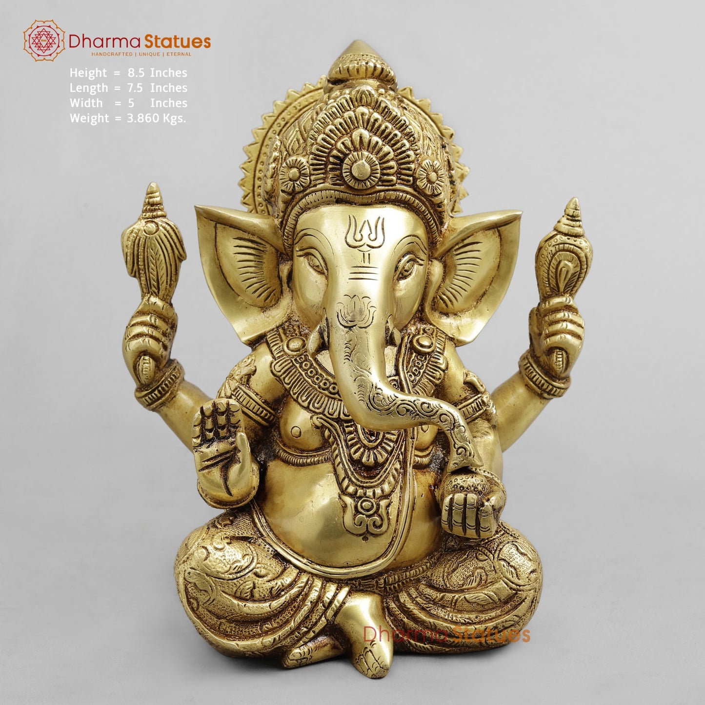 Brass Crown Ganesh seated, Golden Finish 8.5”