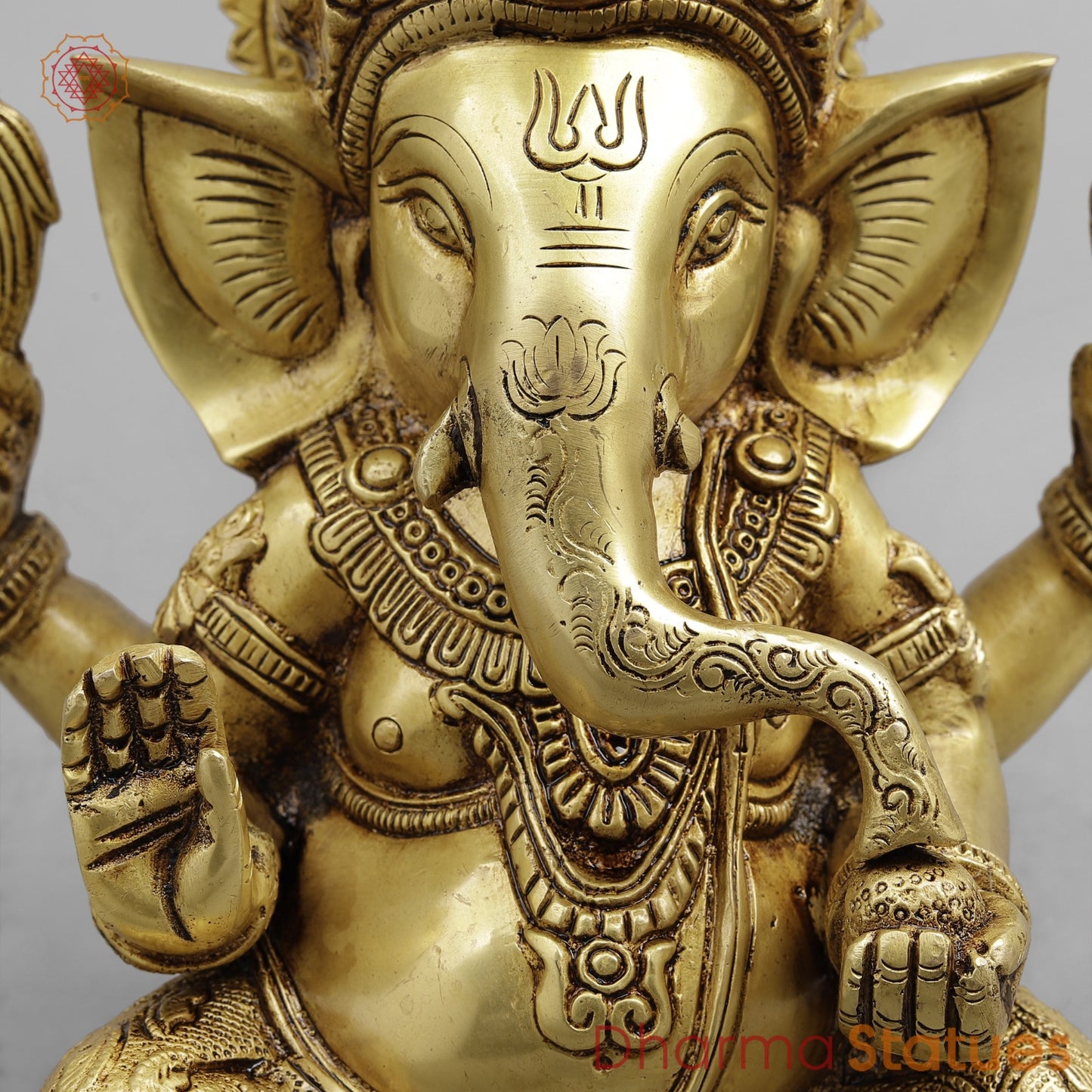 Brass Crown Ganesh seated, Golden Finish 8.5”
