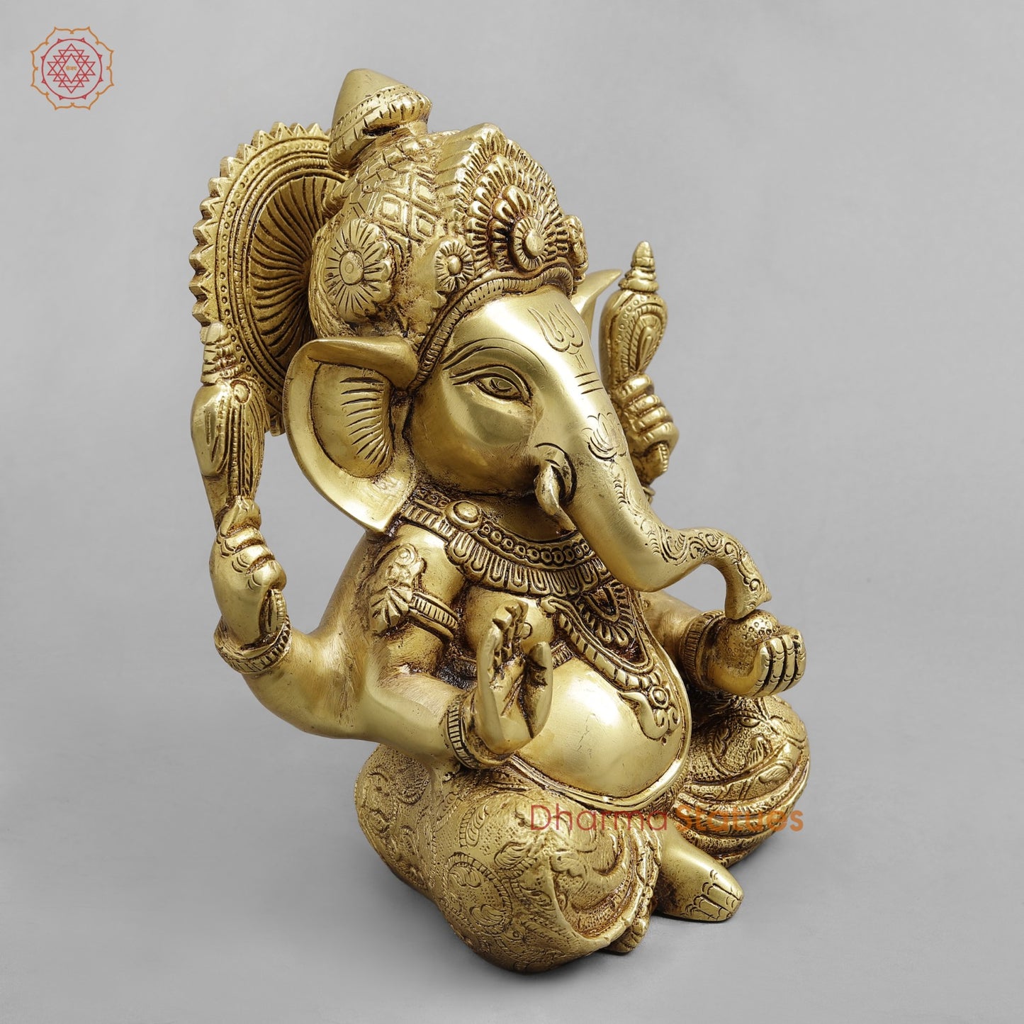 Brass Crown Ganesh seated, Golden Finish 8.5”